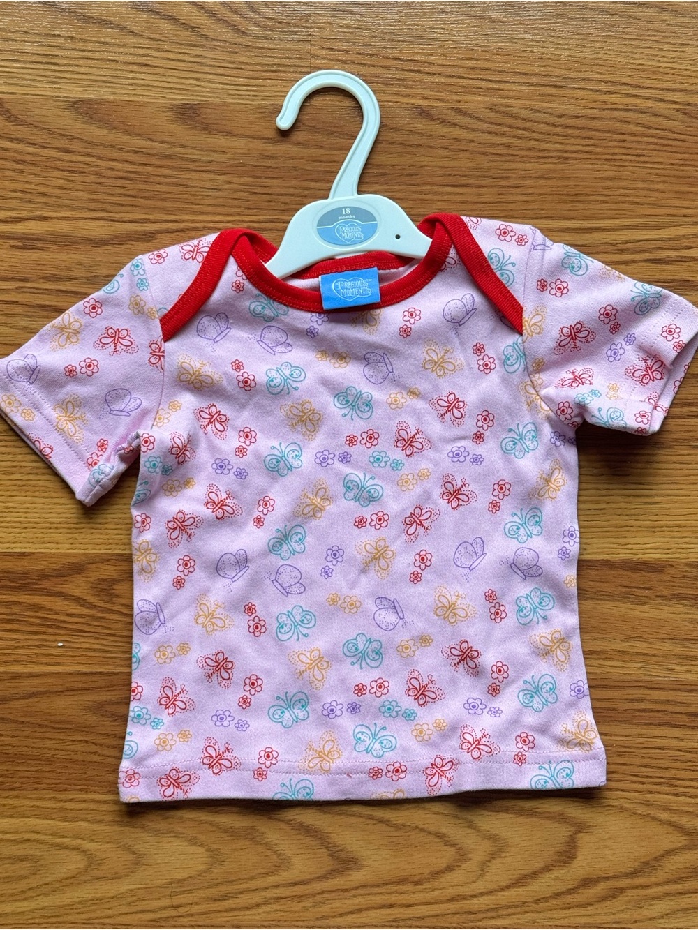 Precious Moments Pink Butterfly Print Short Sleeve Tee with Red Trim